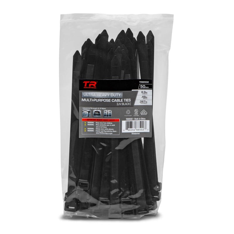TR Industrial Ultra Heavy Duty Multi-Purpose UV Cable Ties (50-Piece), 250 lbs. Tensile Strength, 8.9", Black - Image 1